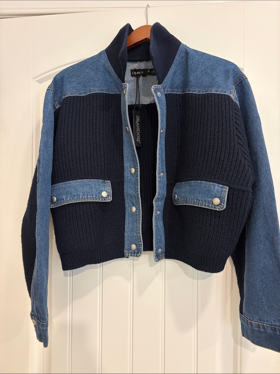 Blank NYC Jackets & Blazers - Blank NYC Navy Knit and Light Blue Denim Mixed-Media Jacket